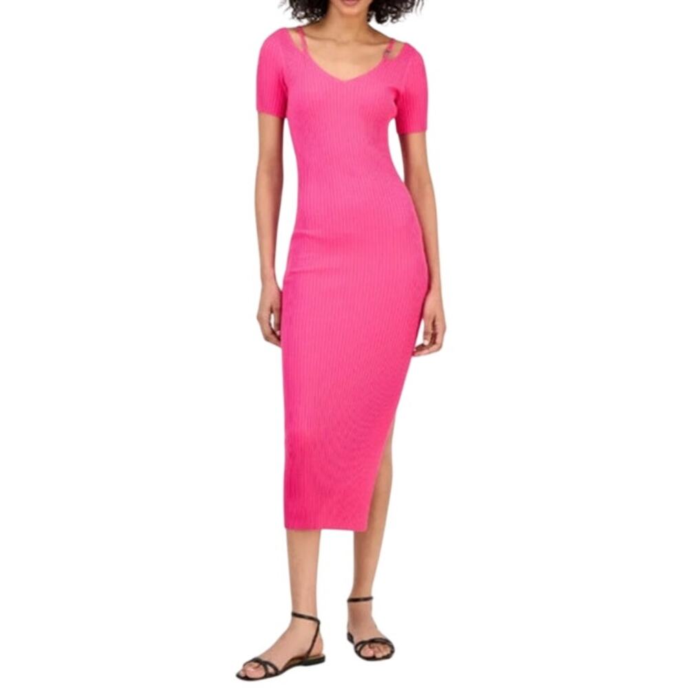 HUGO BOSS Women's Ribbed Knit Bodycon Midi Dress in Bright Pink